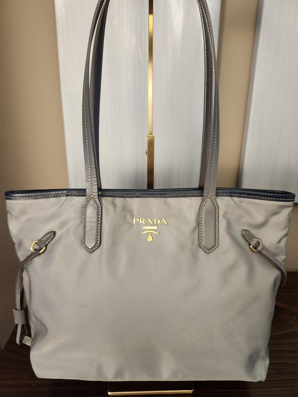 Prada Tessuto Nylon in Grey/Blue with Saffiano Leather trim and handles shoppers